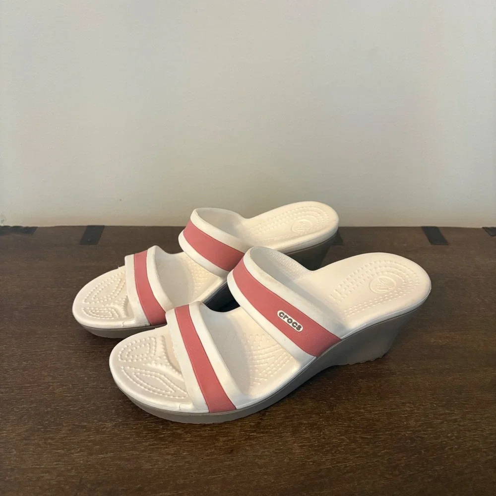 Crocs Women Shima White Pink Dual Strap Wedge Sandals Slide Shoes Size 7